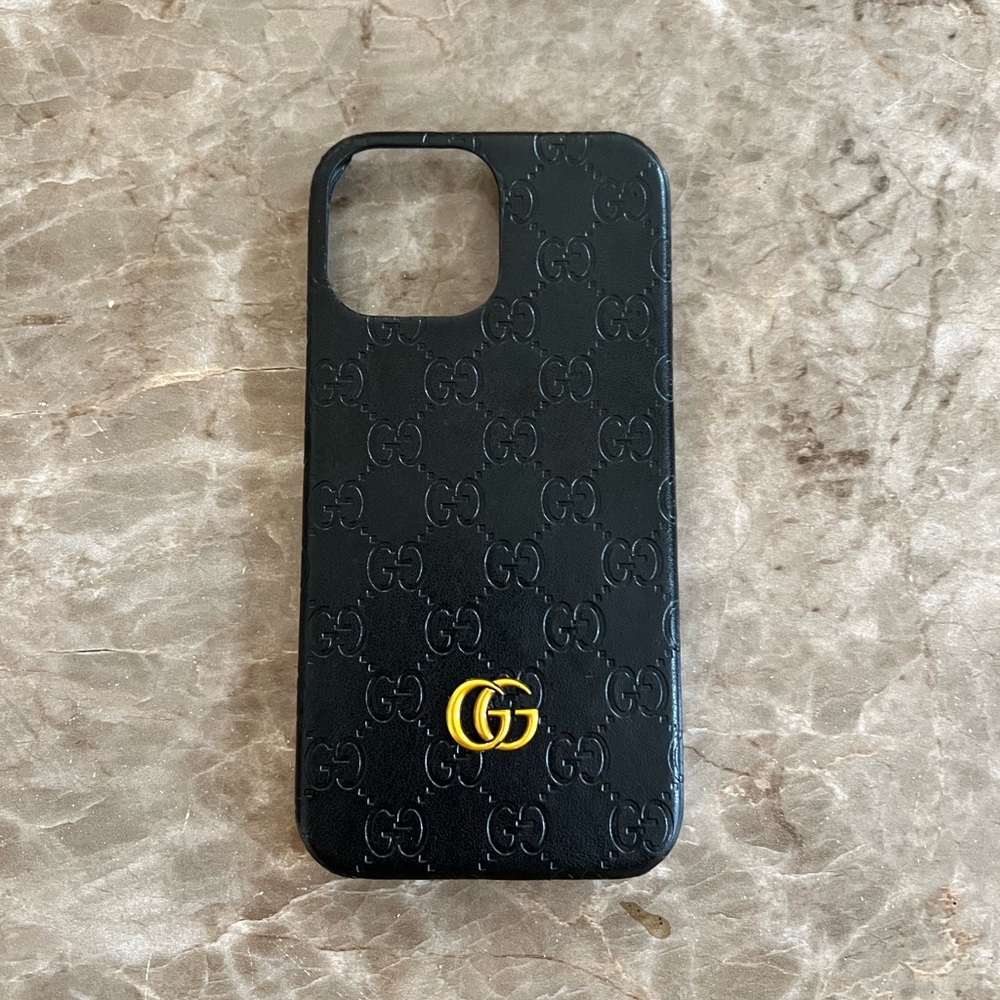 Black Gucci Logo Leather Phone Case IPhone 13 pro max